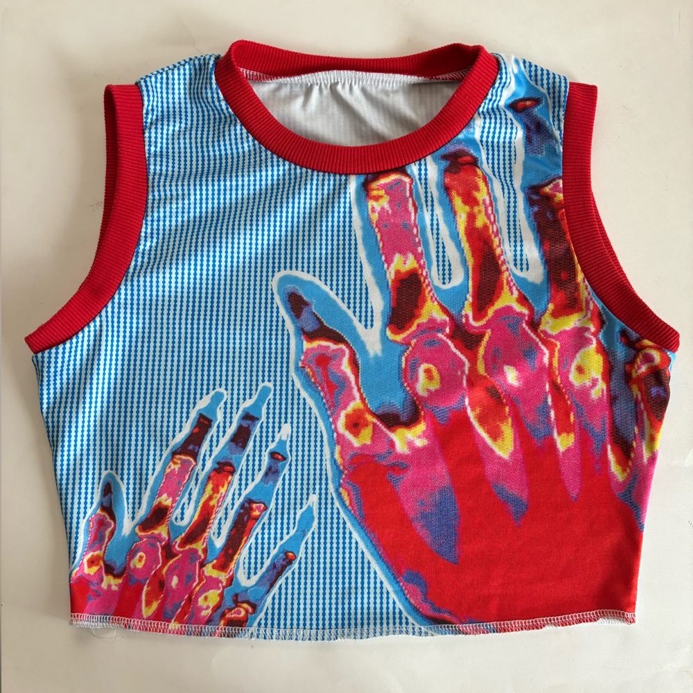 Crop Top - Women’s Multi Color, with Thermal Handprint Graphics. Size Small.